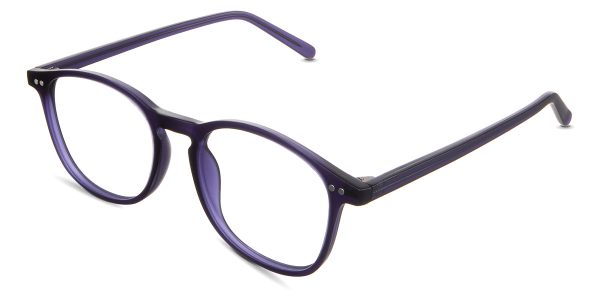 Coven eyeglasses in the hyacinth variant - have a keyhole-shaped nose bridge.