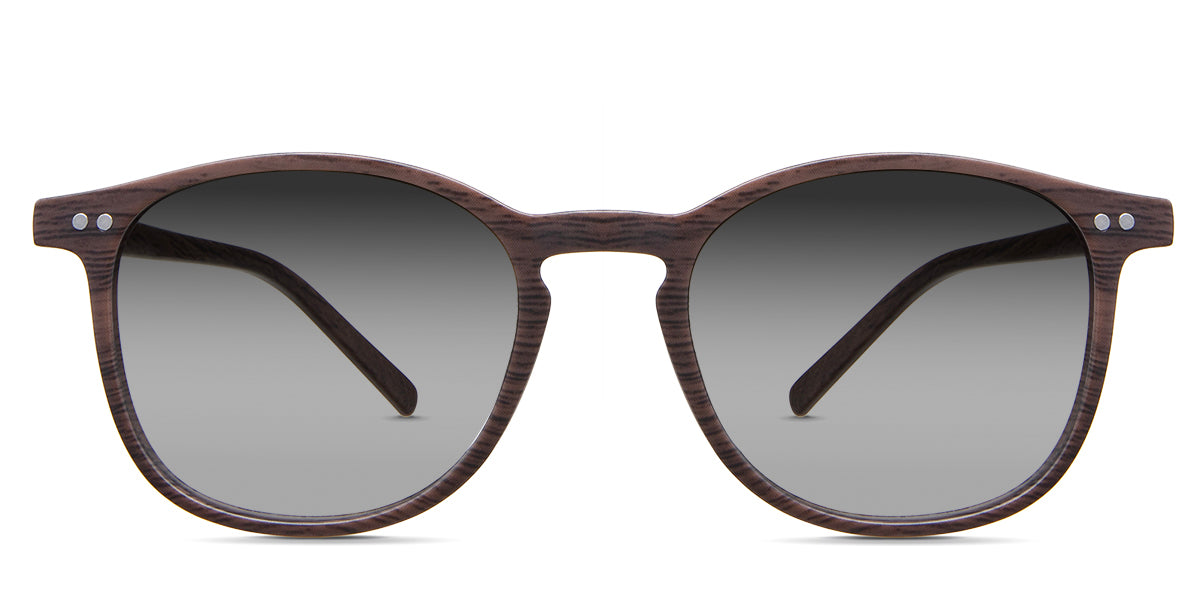 Coven black tinted Gradient sunglasses in the sealywood variant - it's a thin round frame with a wide nose bridge and a slim temple arm that is 140mm long.
