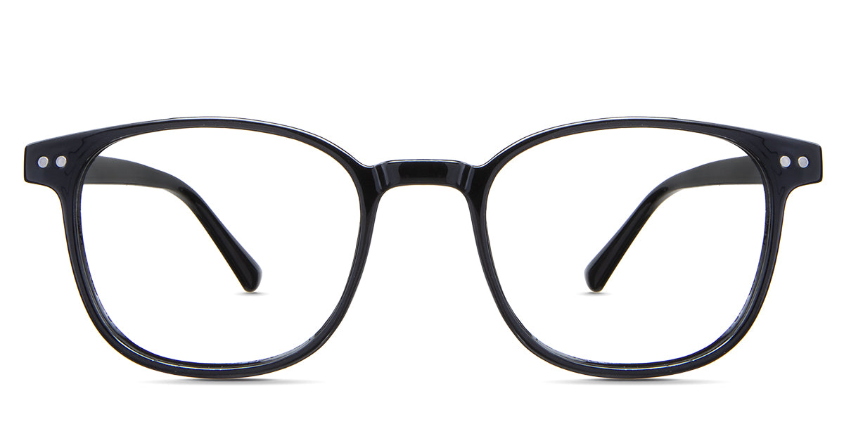 Davie eyeglasses in the midnight variant - it's a round, oval-shaped frame in black.