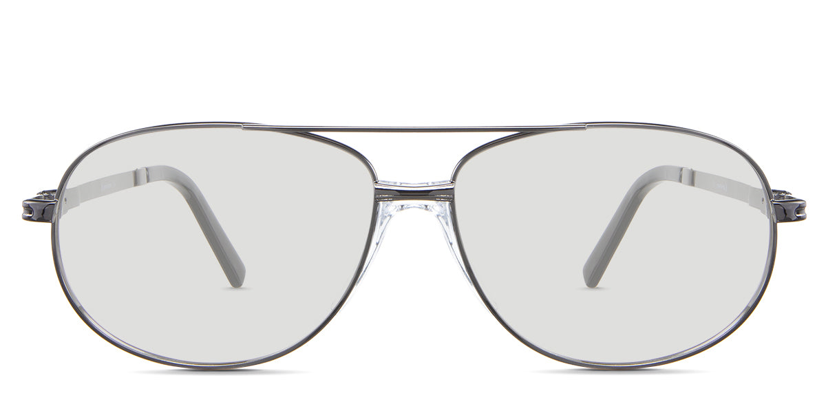 Dax black tinted Standard Solid glasses in the Woodsmoke variant - it's a metal aviator-shaped frame with a flat top bar and a clear built-in nose pad.