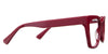 Deanna eyeglasses in the burgundy variant - have a frame name and color imprinted in white inside the arm.