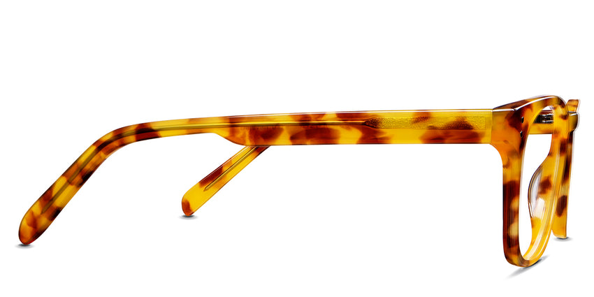 Delevan eyeglasses in the forsythia variant - it's a medium size frame with a standard length temple arm.