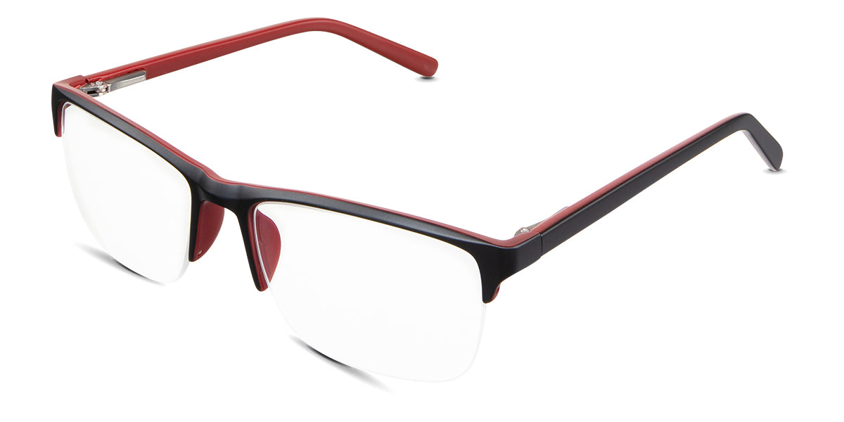 Dillon Eyeglasses in the garnet variant - have a black external and red internal color.