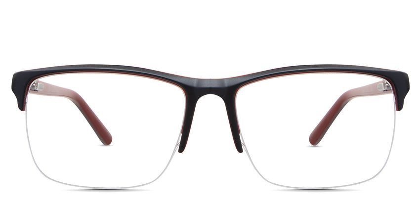 Dillon Eyeglasses in the garnet variant - it's a half-rimmed acetate frame in two-tone color.