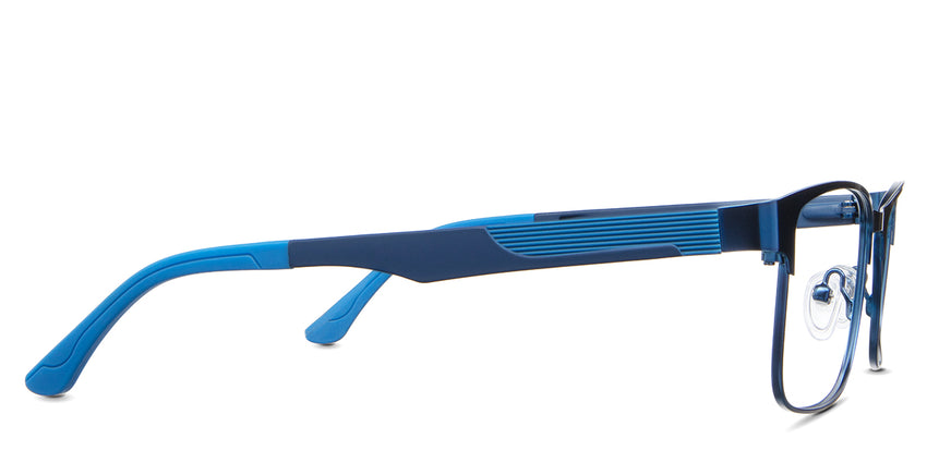 Dion Eyeglasses in the neptune variant - it has a rubber-type flat thin arm in light blue.