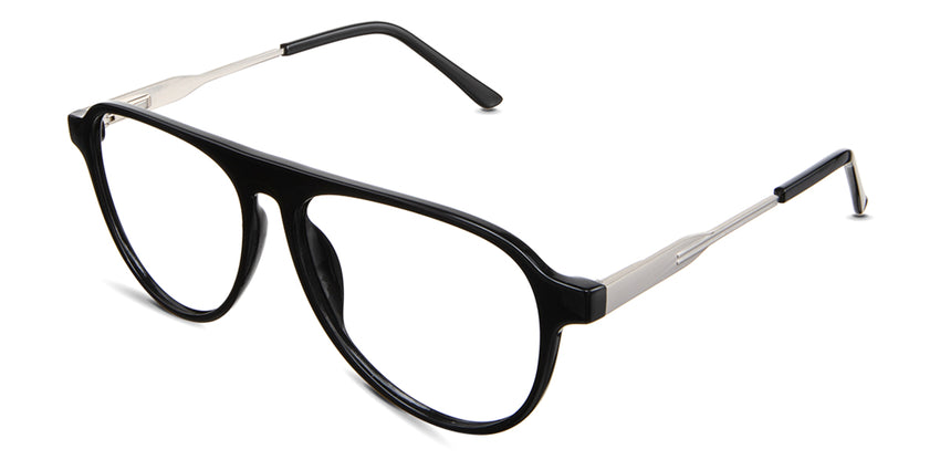 Ebon Eyeglasses in midnight variant - it's an aviator shaped frame with a high nose bridge.