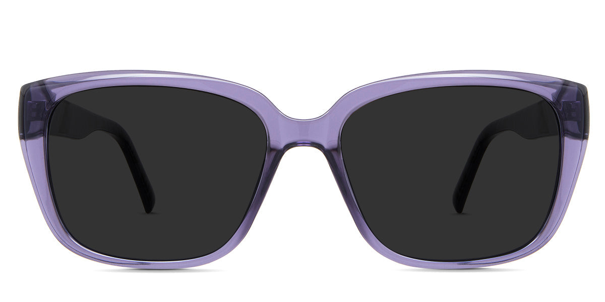 Elaina Gray Polarized in the alliums variant - is a medium to wide full-rimmed acetate frame with broad pattered temples.