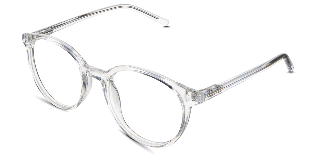 Elex eyeglasses in the crystal variant - have triangle decorative rivet embosses at the end piece.