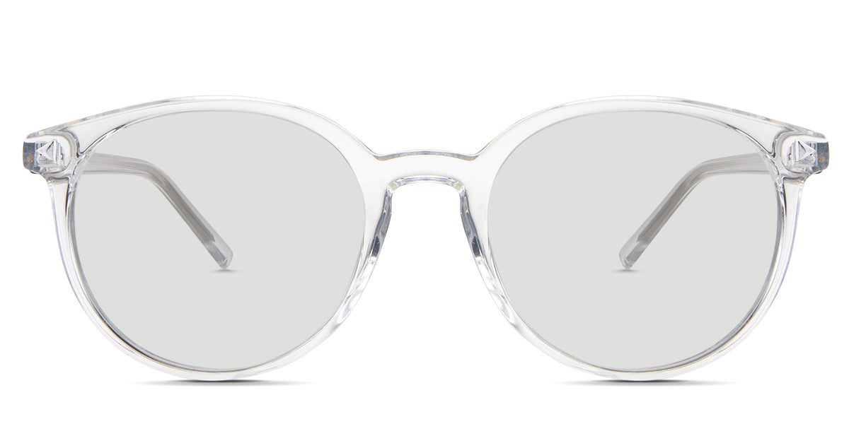 Elex black tinted Standard Solid in the Crystal variant - is a round medium-size frame with triangle decorative rivet embosses at the end piece and has a slim temple.