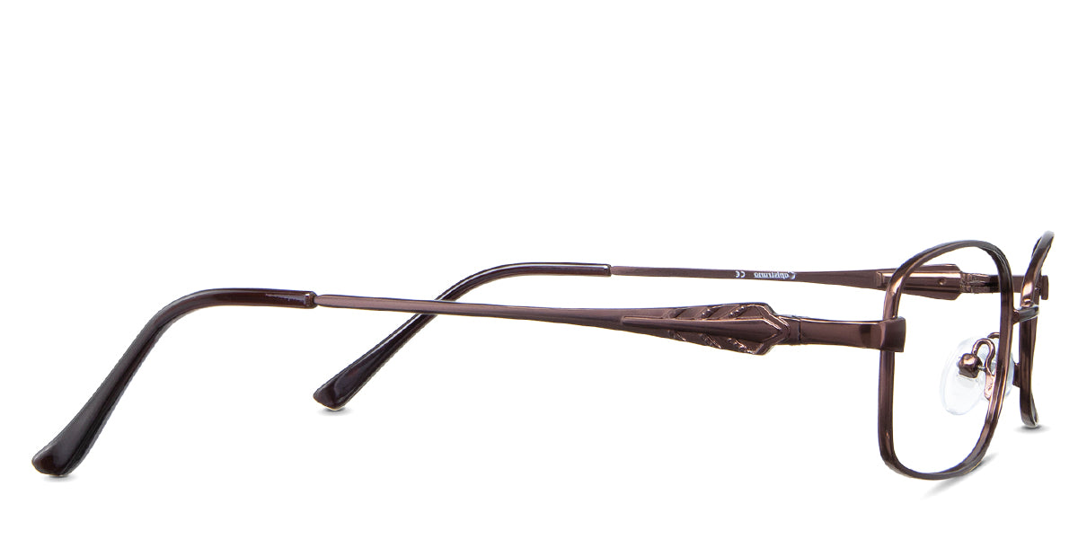 Elie Eyeglasses in the fudge - the temple arm close to the rim has a leafy shape and laurel pattern.