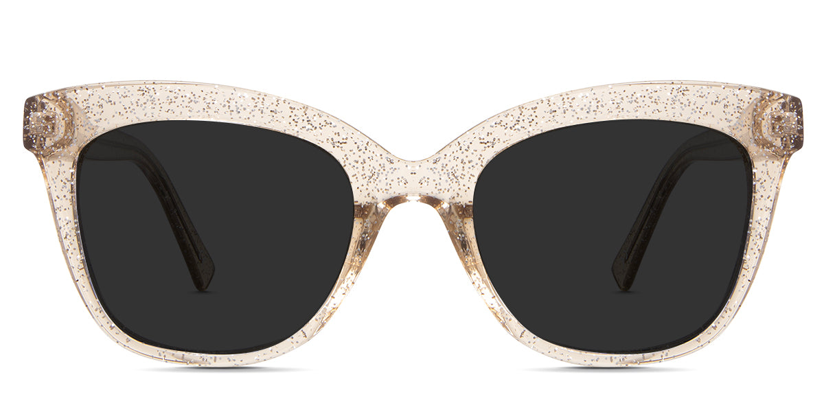 Elise black tinted Standard Solid sunglasses in the sparkle variant - is a full-rimmed cat-eye frame with a high U-shaped nose bridge and a broad temple arm with square shape tips.