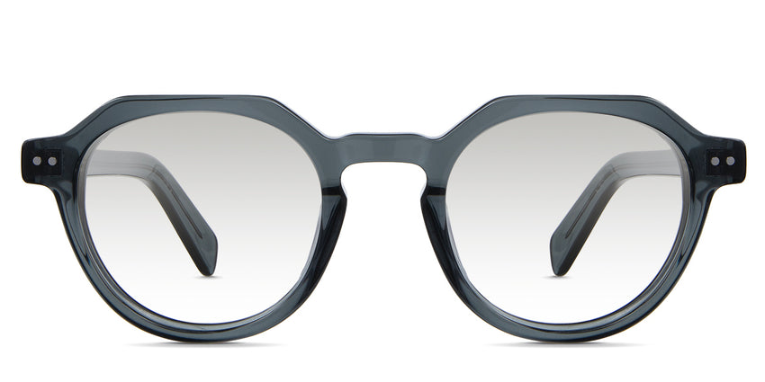 Ellis black tinted Gradient glasses in granite variant - is an acetate frame with extended end piece. It has a keyhole shaped nose bridge and the temple arms are 145mm length with visible wire core