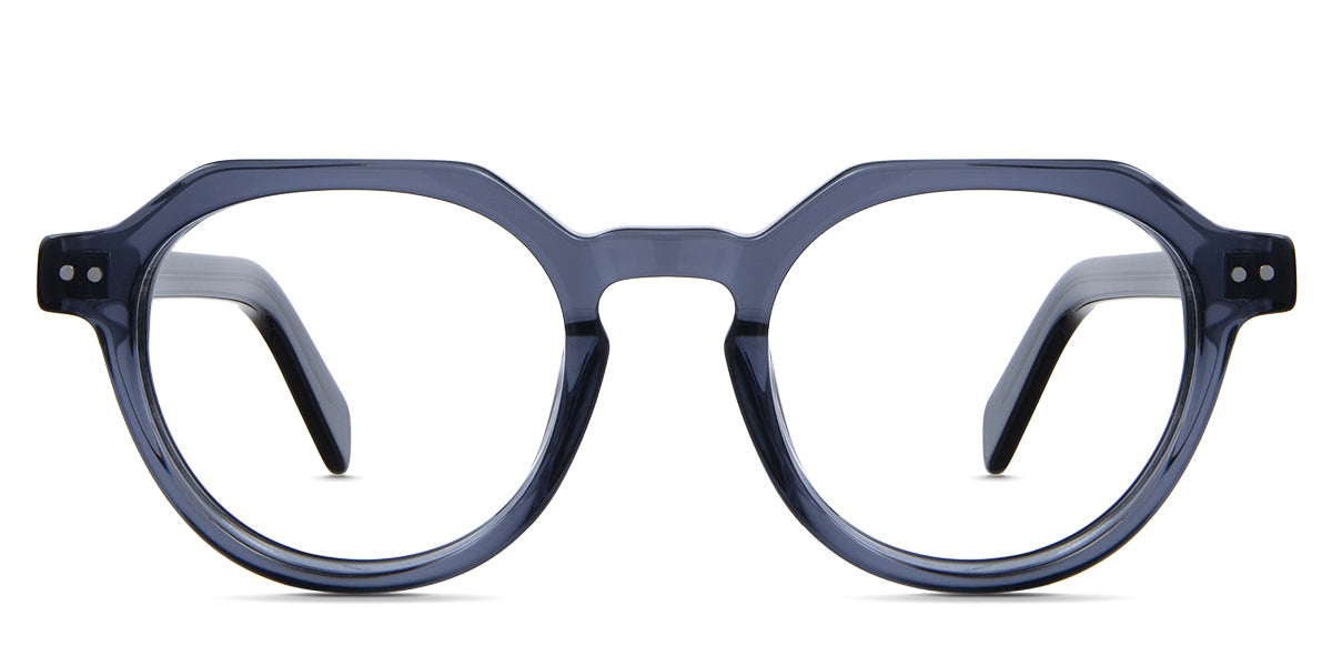 Ellis Eyeglasses in shale variant - it's a round geometric frame in grey blue crystal color 