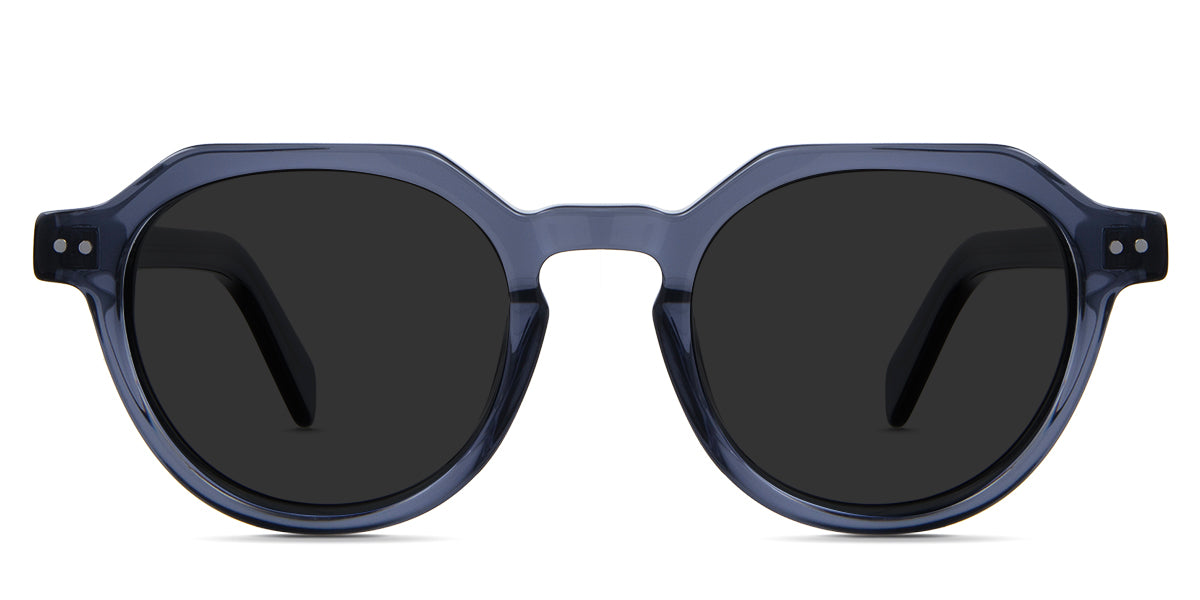 Ellis black Sunglasses Standard Solid in midnight variant - is a narrow acetate frame with 48mm width and 145mm medium thick temple arm . The extended end pieces in front have rivets design 