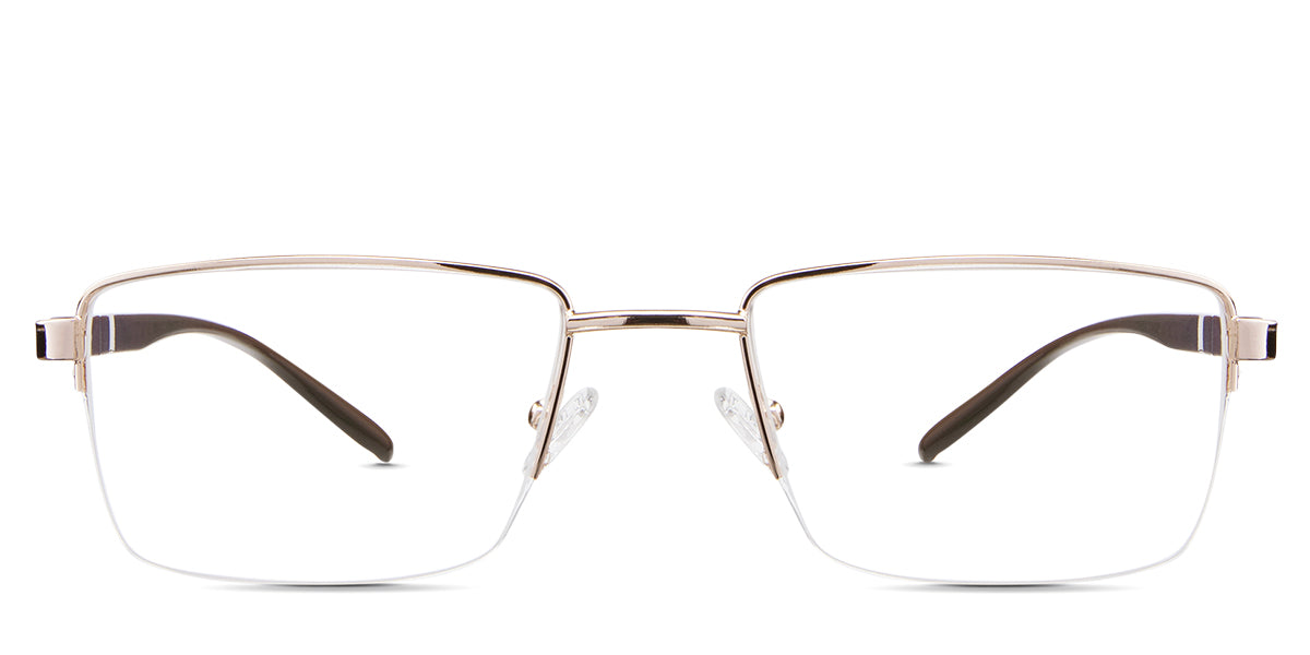 Elm Eyeglasses in the camelus variant - it's a half-rimmed frame with a wide viewing lens.