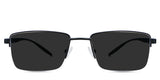 black tinted Standard Solid sunglasses in cemani variant - it's a rectangular frame with a straight and wide nose bridge and an acetate arm with a metal stripe pattern.