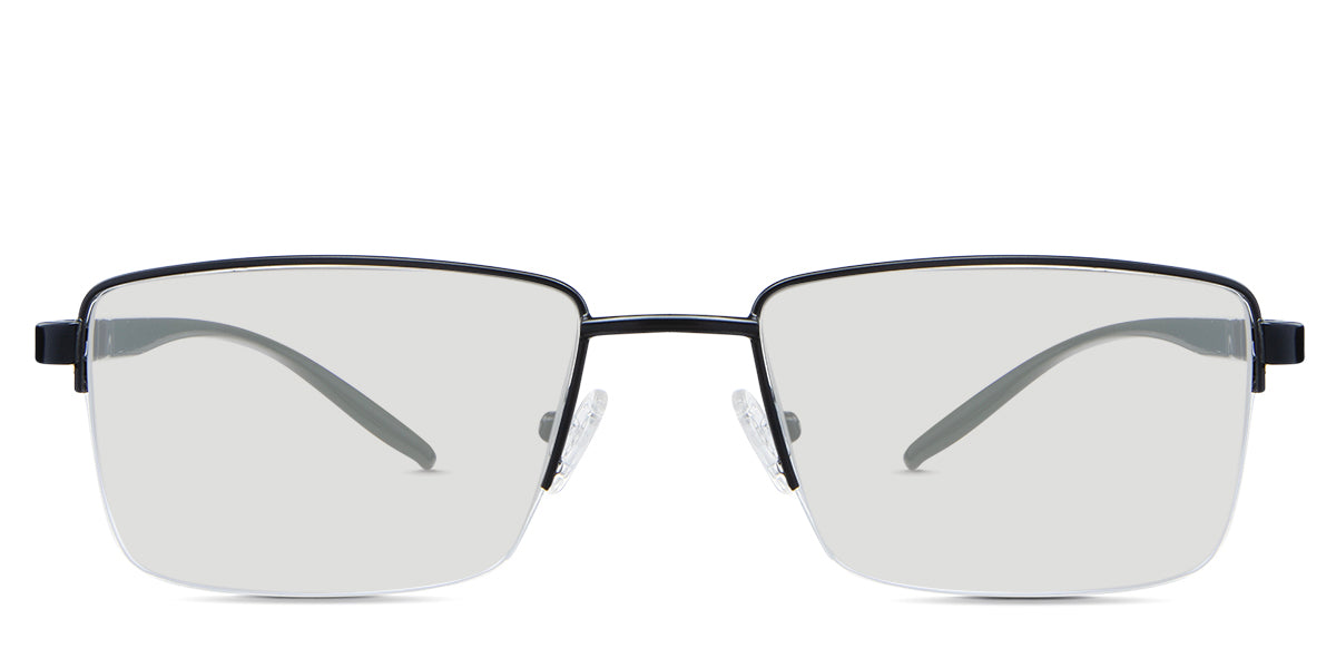 Elm black tinted Standard Solid glasses in the cemani variant - it's a rectangular frame with a straight and wide nose bridge and an acetate arm with a metal stripe pattern.