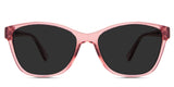 Erin Gray Polarized in the Watermelon variant - it's a transparent acetate frame with a U-shaped nose bridge and a visible wire core 145mm long.