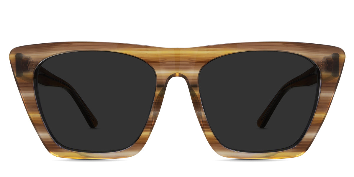 Eudora Gray Polarized in ember variant - is a full-rimmed frame with a flat on the top and a broad end piece with a high nose bridge and built-in nose pad.
