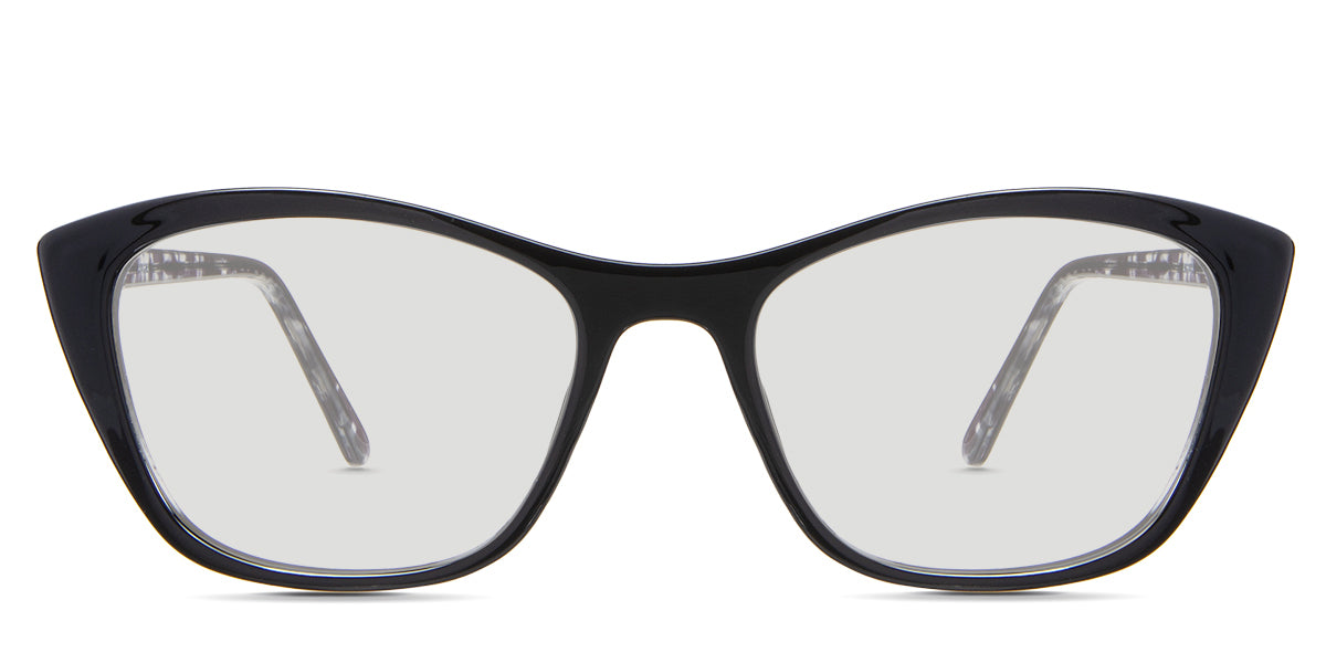 Evie black tinted Standard Solid glasses in the Asphalt variant - is a cat-eye frame with a U-shaped nose bridge and a slim temple arm.