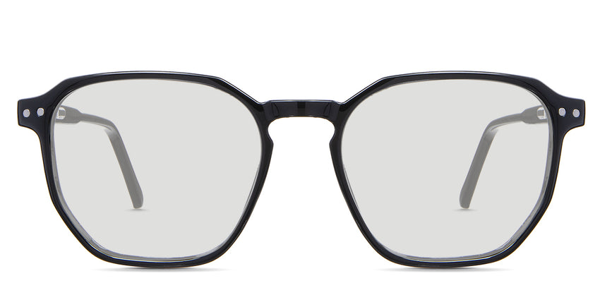 Finn black tinted Standard Solid glasses in the midnight variant - have a standard-width keyhole nose bridge and thin paddle-shaped temple tips.