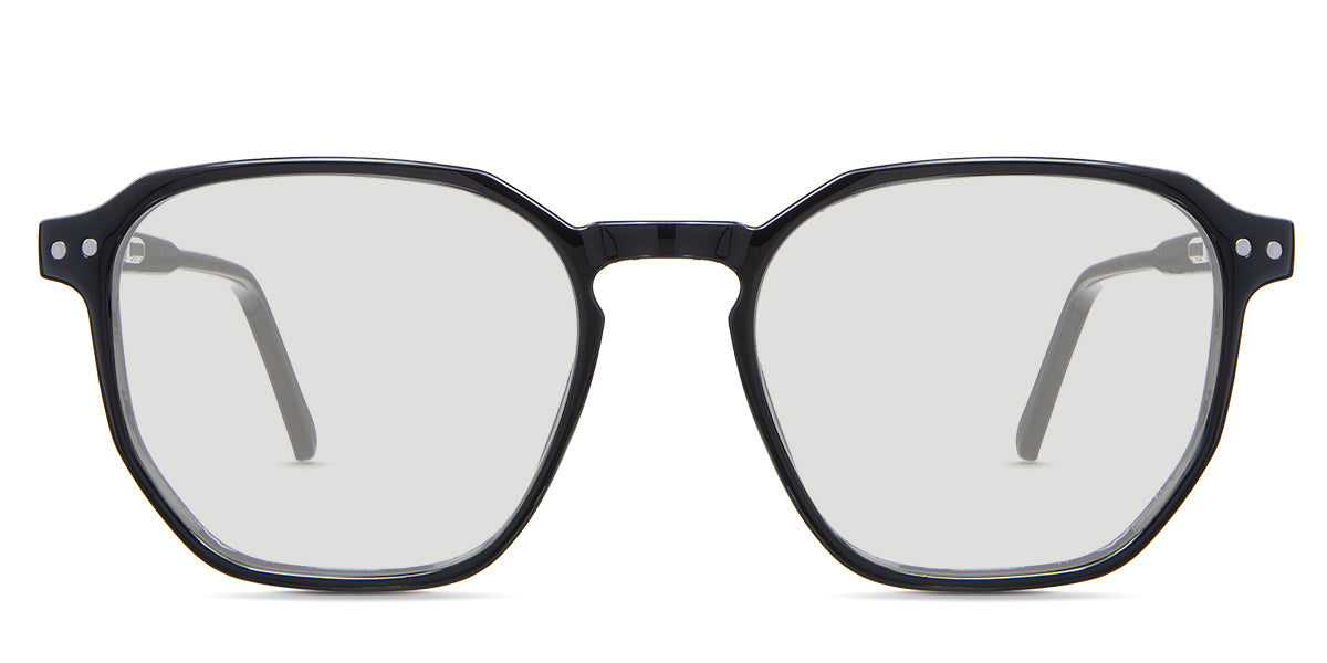 Finn black tinted Standard Solid glasses in the midnight variant - is a full-rimmed acetate frame with geometric shape viewing lenses.