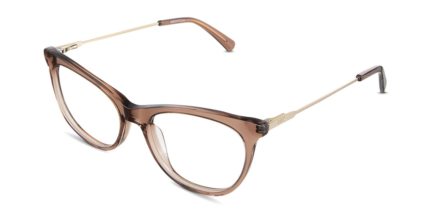 Gaia eyeglasses in the russet variant - the rim has a reddish orange-brown color, and the temple arm has a gold metal color.