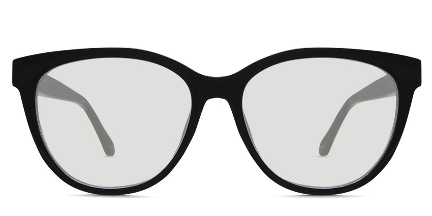 Gava black tinted Standard Solid glasses in onyx variant - a round frame with a touch of cat eye look on the top and end piece of the frame, and its lens provides a wide viewing area.