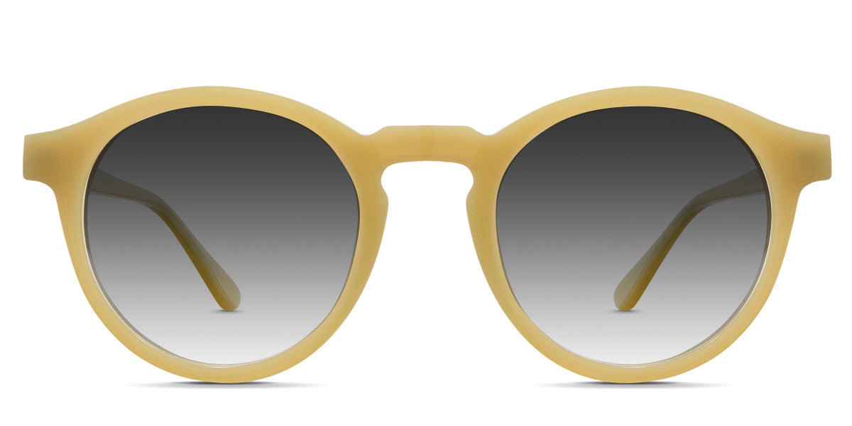Geo black tinted Gradient sunglasses in the canary variant - have a circular frame with an extended square end piece and a round viewing lens shape.