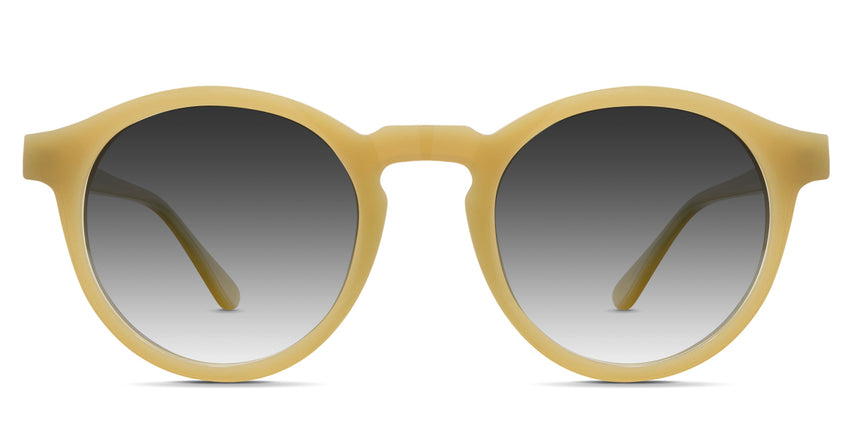 Geo black tinted Gradient sunglasses in the canary variant - have a circular frame with an extended square end piece and a round viewing lens shape.