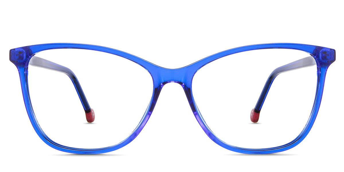 Gwen eyeglasses in the iris variant - it's an acetate frame in color blue.