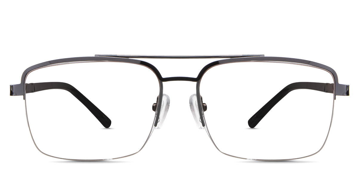 Hadley eyeglasses in the gravel variant - it's an aviator-shaped frame in color gunmetal.