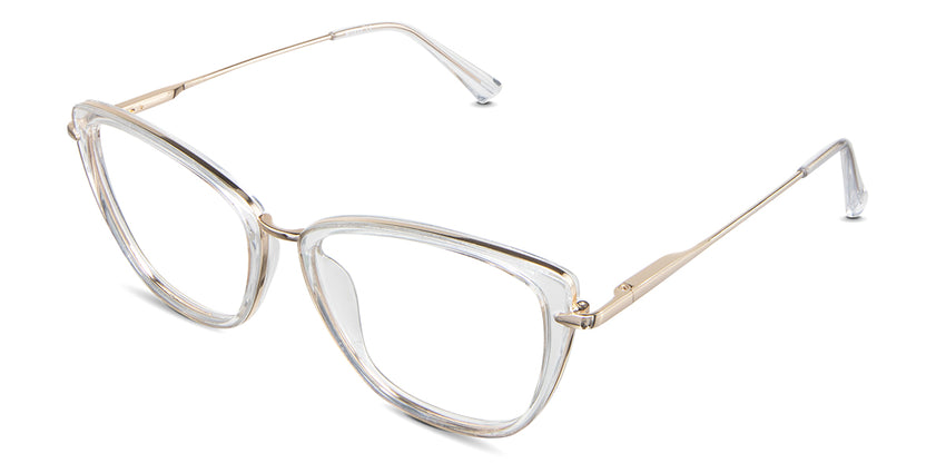 Ira Eyeglasses in the selenite - an acetate frame with a gold metal rim.