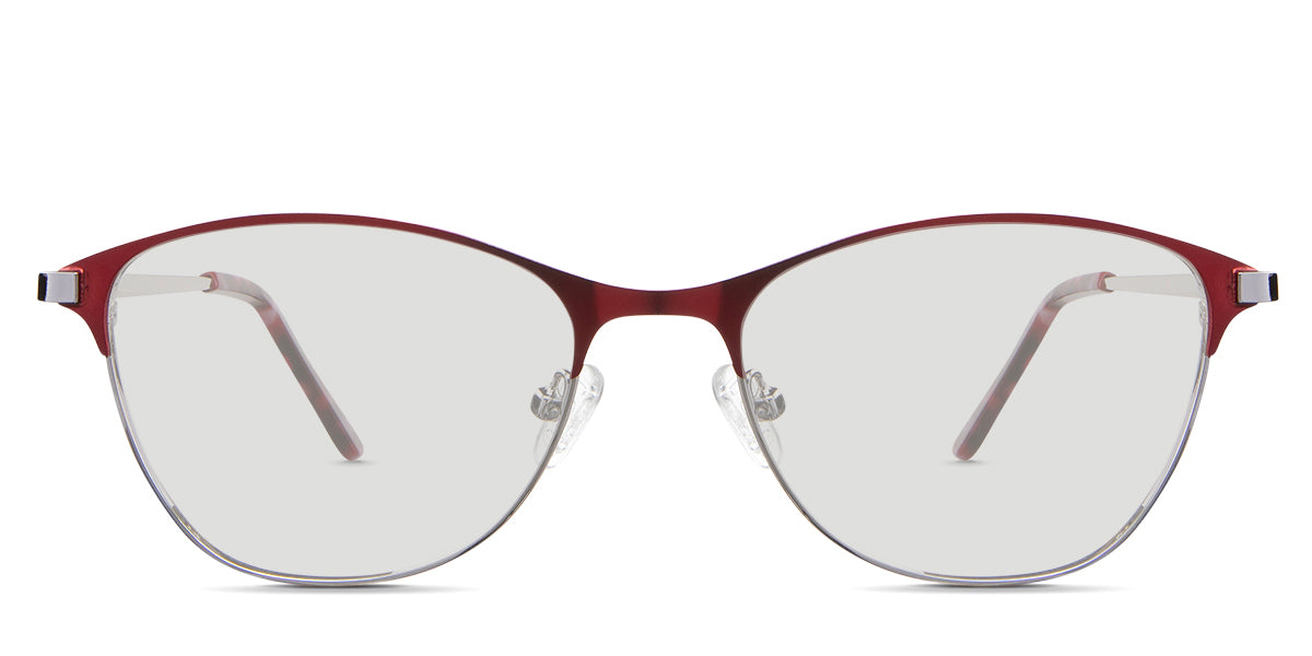 Isla black tinted Solid in the Burgundy variant—it's a metal frame with a narrow-width nose bridge and a combination of metal and acetate temples.