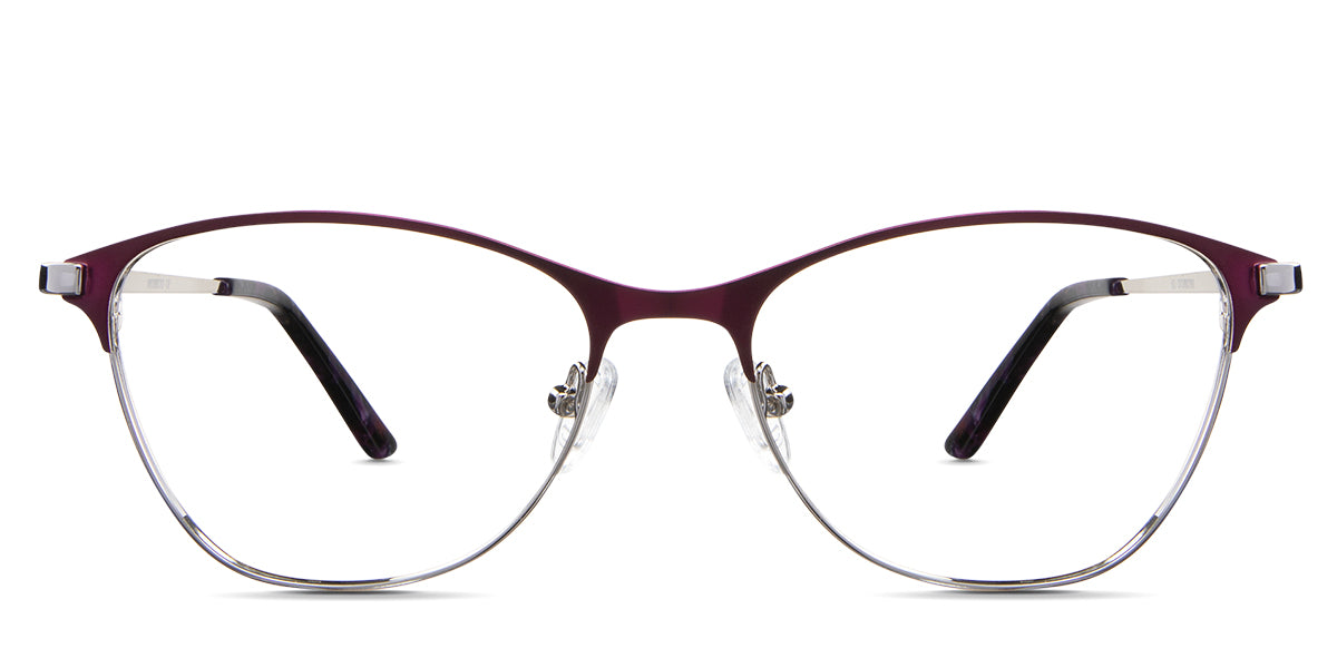 Isla eyeglasses in the purple variant - it's an oval-shaped frame in silver and viola color.