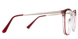 Izara eyeglasses in the vermilion variant - have a gold metal temple arm.