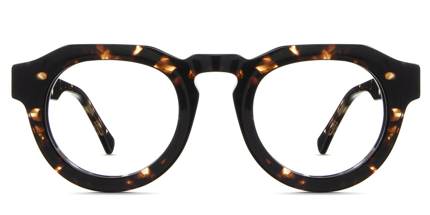 Jax Eyeglasses in bison variant - it's a round geometric frame with brown pattern 