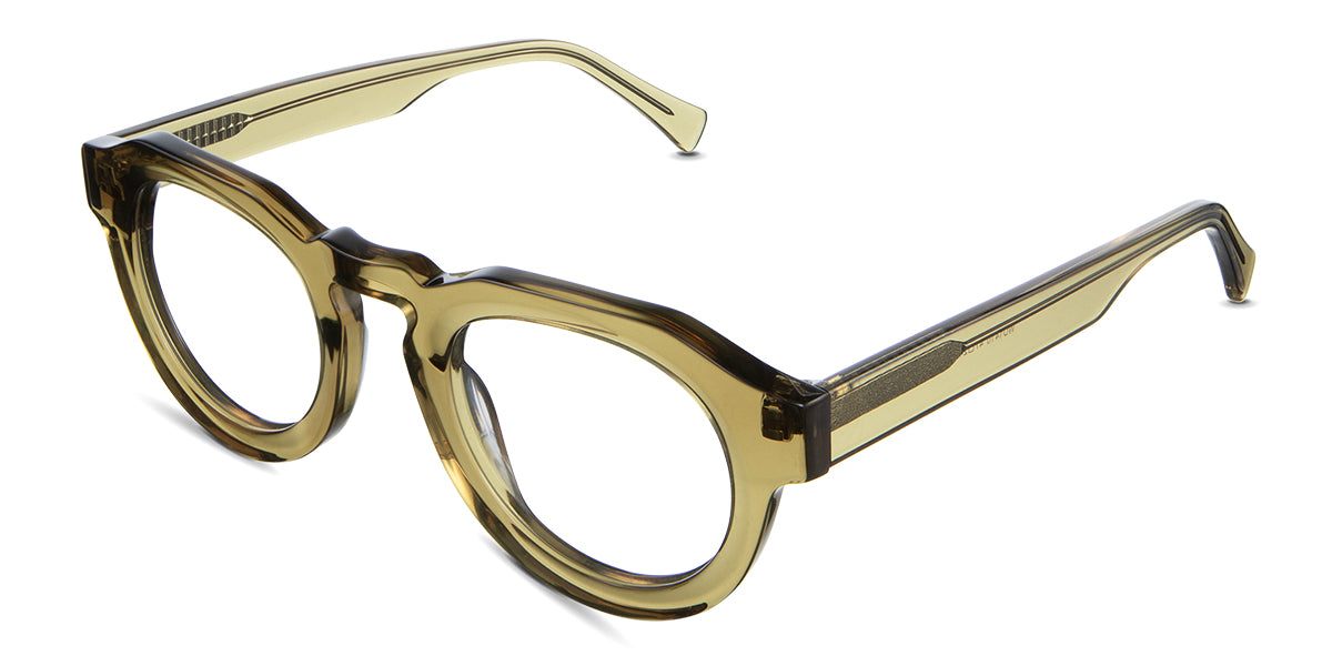 Jax Eyeglasses in cactus variant - have a high nose bridge and extended end piece.