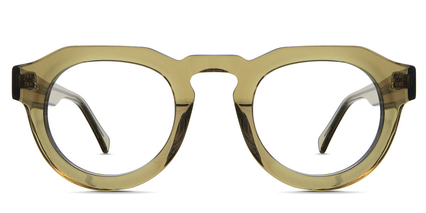 Jax Eyeglasses in cactus variant - it's a crystal clear frame in olive color. 