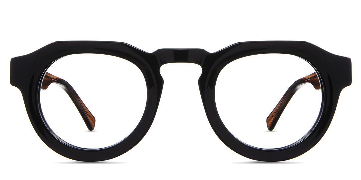 Jax Eyeglasses in carob variant - it's a narrow, thick acetate frame in color black 