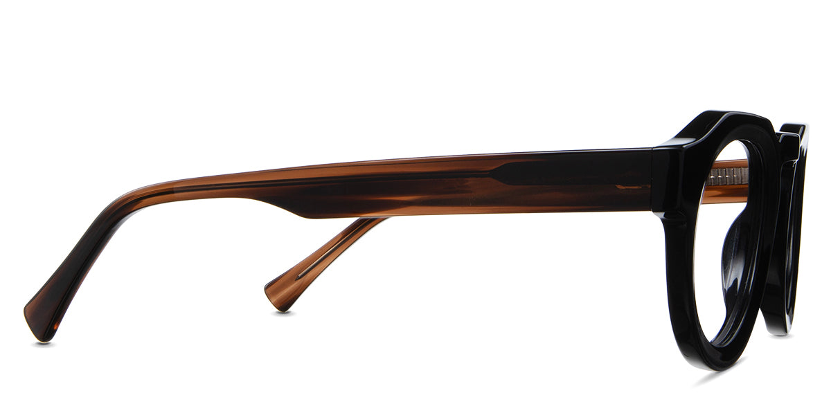 Jax Eyeglasses in carob variant - it has brown transparent temple arms with visible wire core 