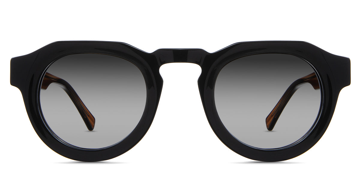 Jax black tinted Gradient sunglasses in carob variant - is a narrow, thick acetate frame with 24mm nose bridge and transparent temple arms with visible wire core.