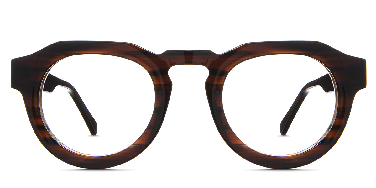 Jax Eyeglasses in fig variant - it's a full rimmed frame with brown stripe pattern