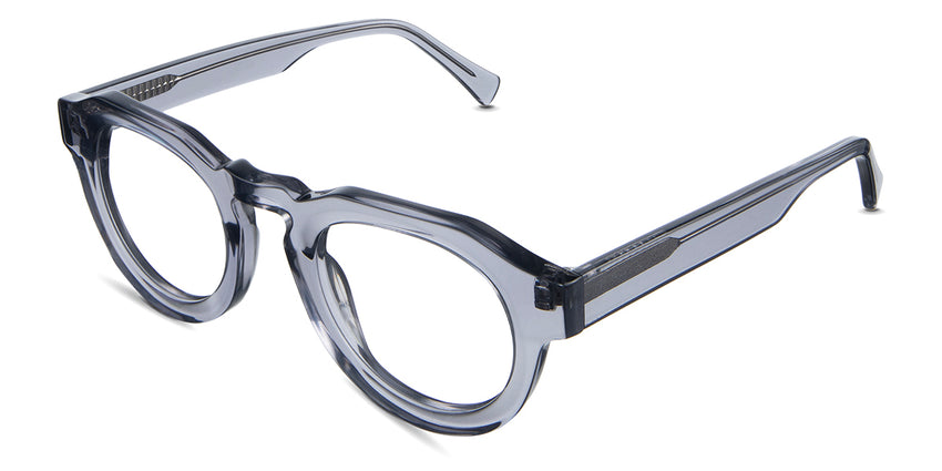 Jax Eyeglasses in periwinkle variant - have a high keyhole shaped nose bridge.