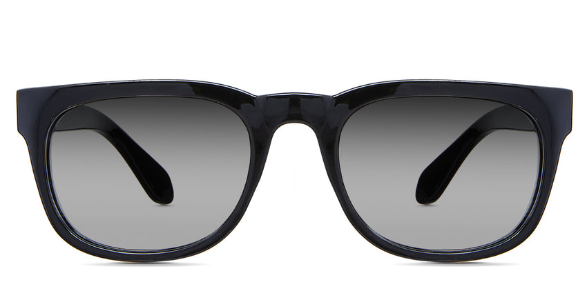 Jett black tinted Gradient sunglasses in the Midnight variant - are narrow acetate frames with built-in nose pads and frame name and size imprints inside the arm.