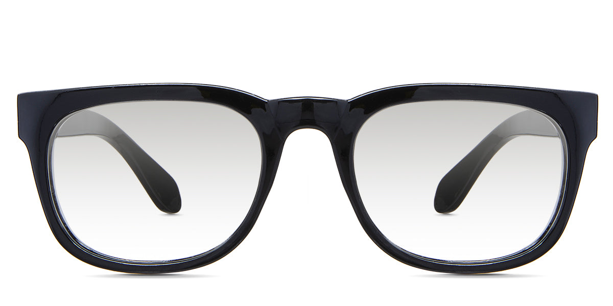 Jett black tinted Gradient glasses in the Midnight variant - are narrow acetate frames with built-in nose pads and frame name and size imprints inside the arm.