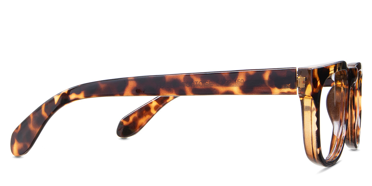 Jett eyeglasses in the ocelot variant - have a broad temple arm and tips.