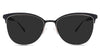 Jocelyn black tinted Standard Solid sunglasses in the  Melanites variant - it's a cat-eye-shaped frame in silicon nose pads, and the company name is imprinted inside the arm.