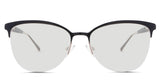Jocelyn black tinted Standard Solid glasses in the  Melanites variant - it's a cat-eye-shaped frame in silicon nose pads, and the company name is imprinted inside the arm.