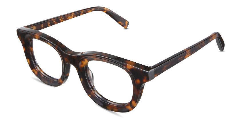 Joliet acetate frame in the whimsy variant - it's a tortoise color frame of dark brown and golden brown.